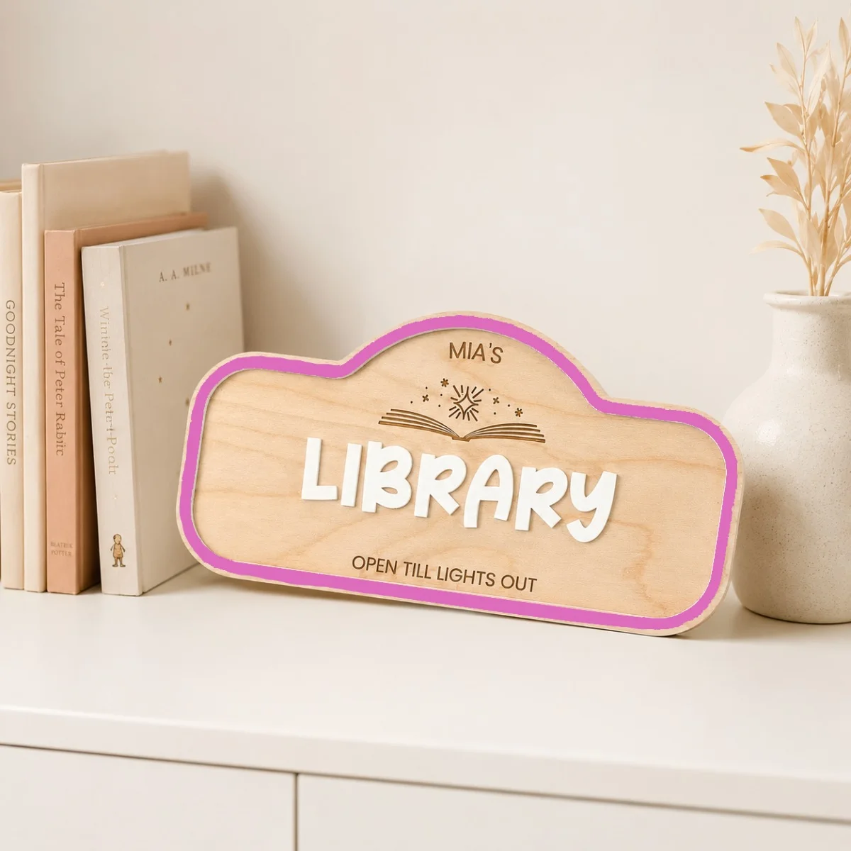 Custom Kids Library Wooden Name Plaque,Open Till Lights Out Book‑Themed Wall & Tabletop Decor,The best gift for a friend