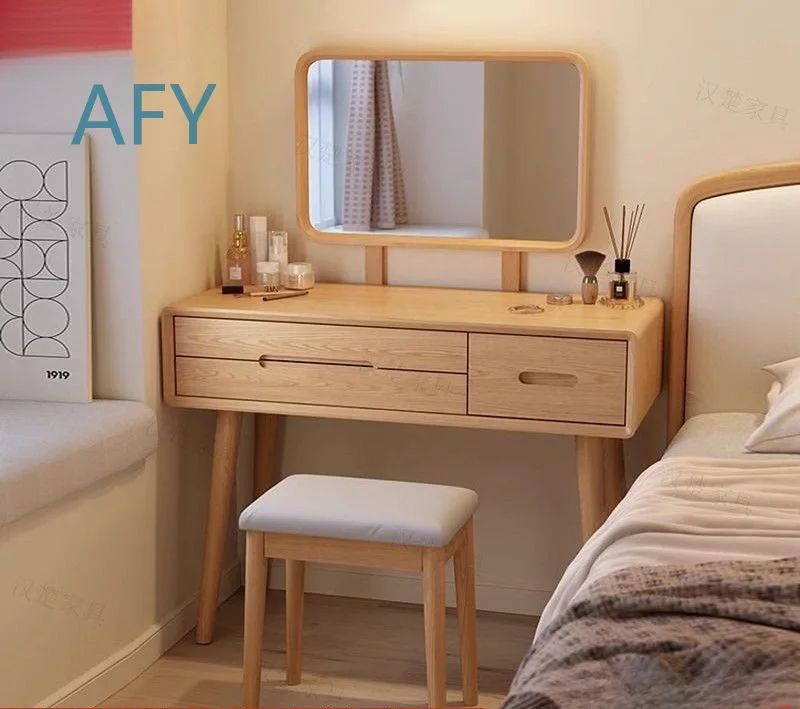 Rubberwood Dresser for Bedroom Modern Minimalist Vanity Table with Drawers and Stool for Small Spaces for Home Decor