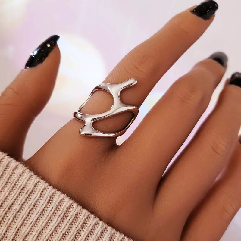 Punk Geometrische Unregelmäßige Flüssigkeit Lava Waterdrop Geformt Offene Ringe Für Frauen Vintage Silber Farbe Metall Ringe Persönlichkeit Schmuck