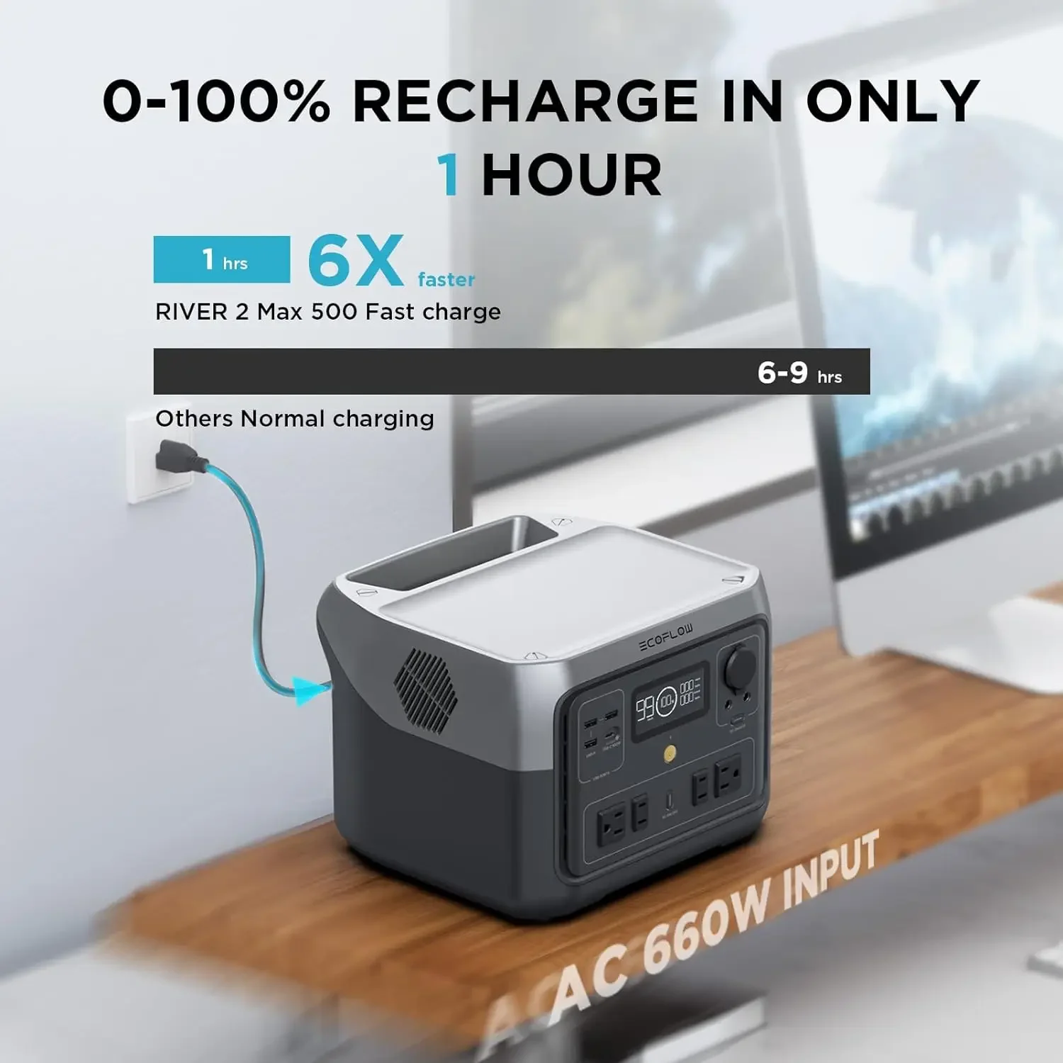 Portable Power Station RIVER 2 Max 500, 499Wh LiFePO4 Battery/ 1 Hour Fast Charging