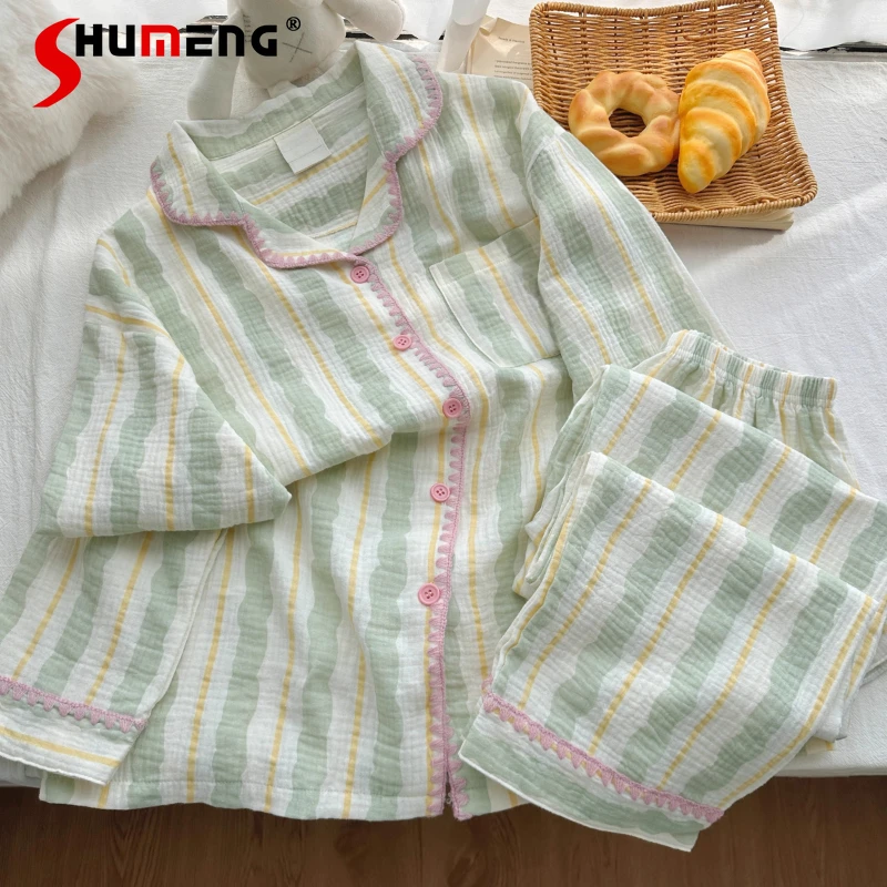 

Cotton Gauze Long Sleeve Pajamas for Girls Spring Autumn Sweet Homewear Set Women's All Cotton Japanese Loungewear Suits