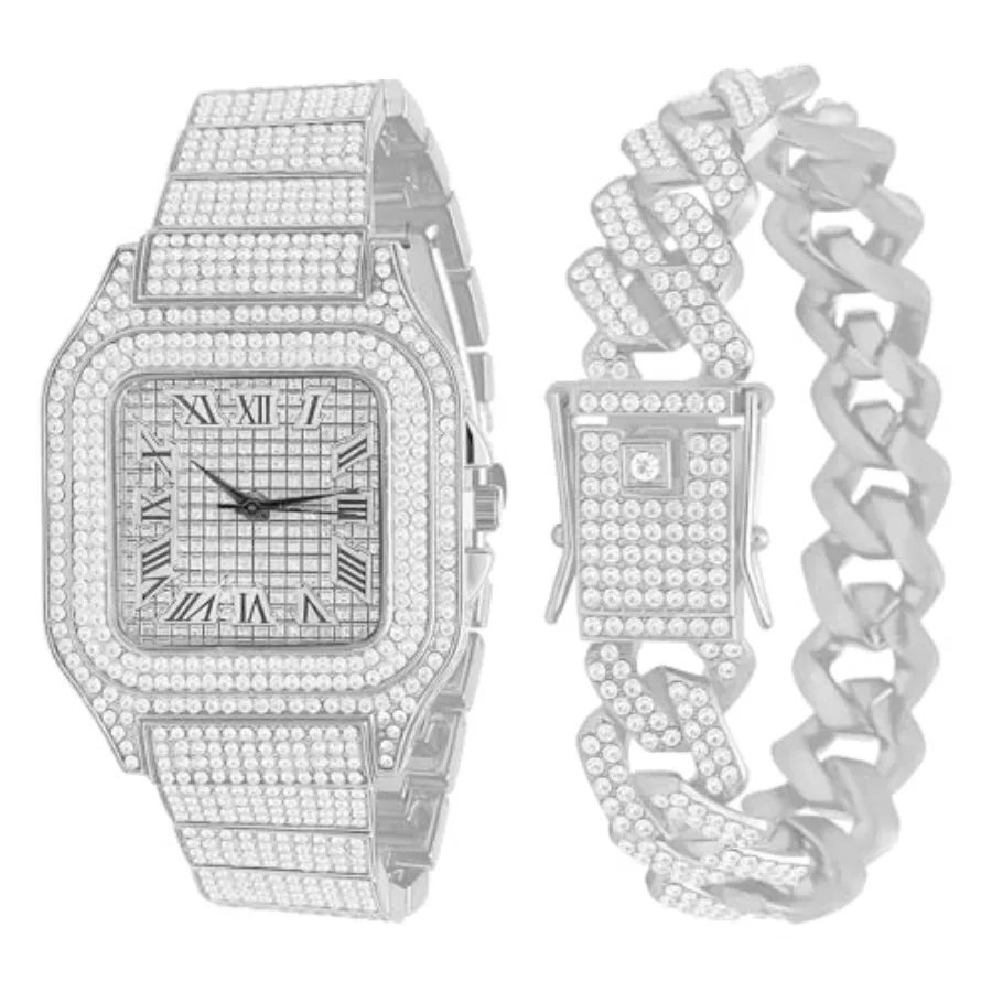 

2 Pieces Men Diamond Watch Bracelet Set Luxury Fashion Crystal Wristwatch Cuban Link Chain Silver Rhinestone Watch Hip Hop Jewe