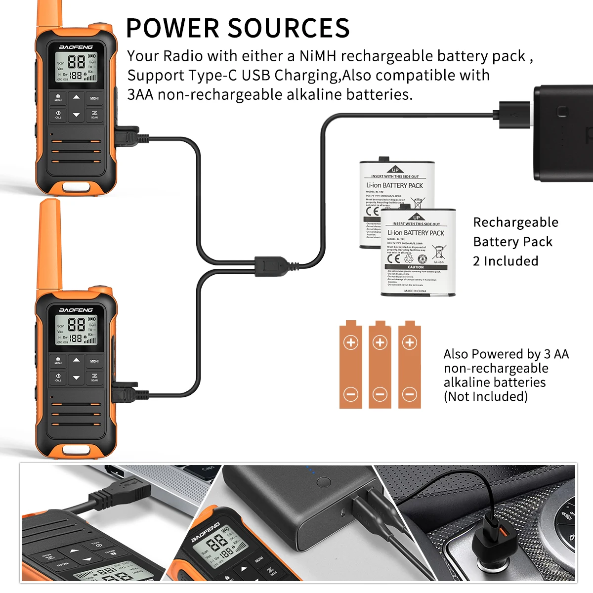 Baofeng-F22 Walkie Talkie, PMR, FRS, Long Range, Mini recarregável, carregador tipo C, rádio portátil em dois sentidos para caminhadas, 2pcs