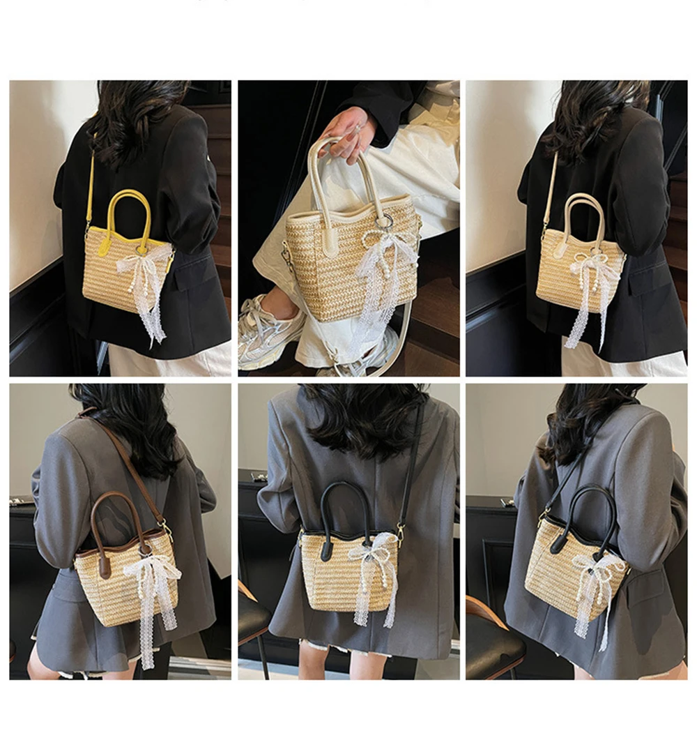 المرأة دلو حقيبة القش المنسوجة Crossbody حقيبة شاطئية عادية تخفيف عطلة نمط كتلة اللون تصميم يده حمل حقائب الإناث