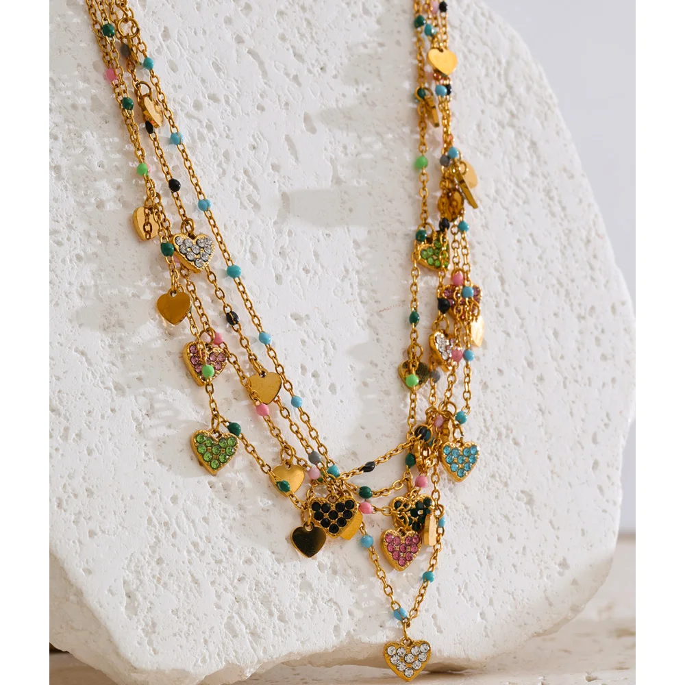 Yhpup Multi-Color Stainless Steel Rhinestone Heart Love Drop Necklace for Women 18K PVD Plated Trending Exquisite Jewelry