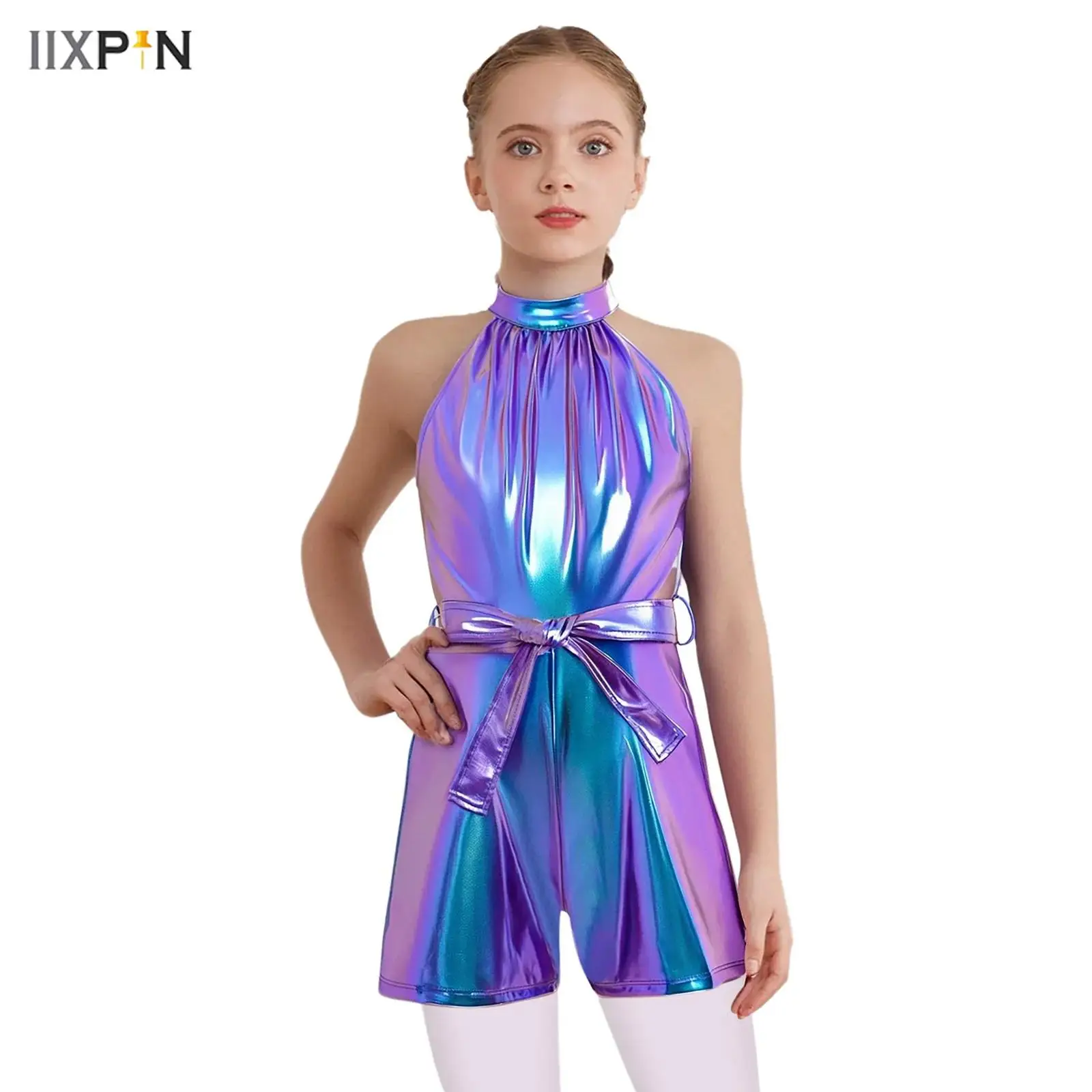 

Kids Girls Metallic Shiny Dance Jumpsuits Halter Sleeveless Rompers with Belt for Birthday Party Ballroom Jazz Tango Dancewear