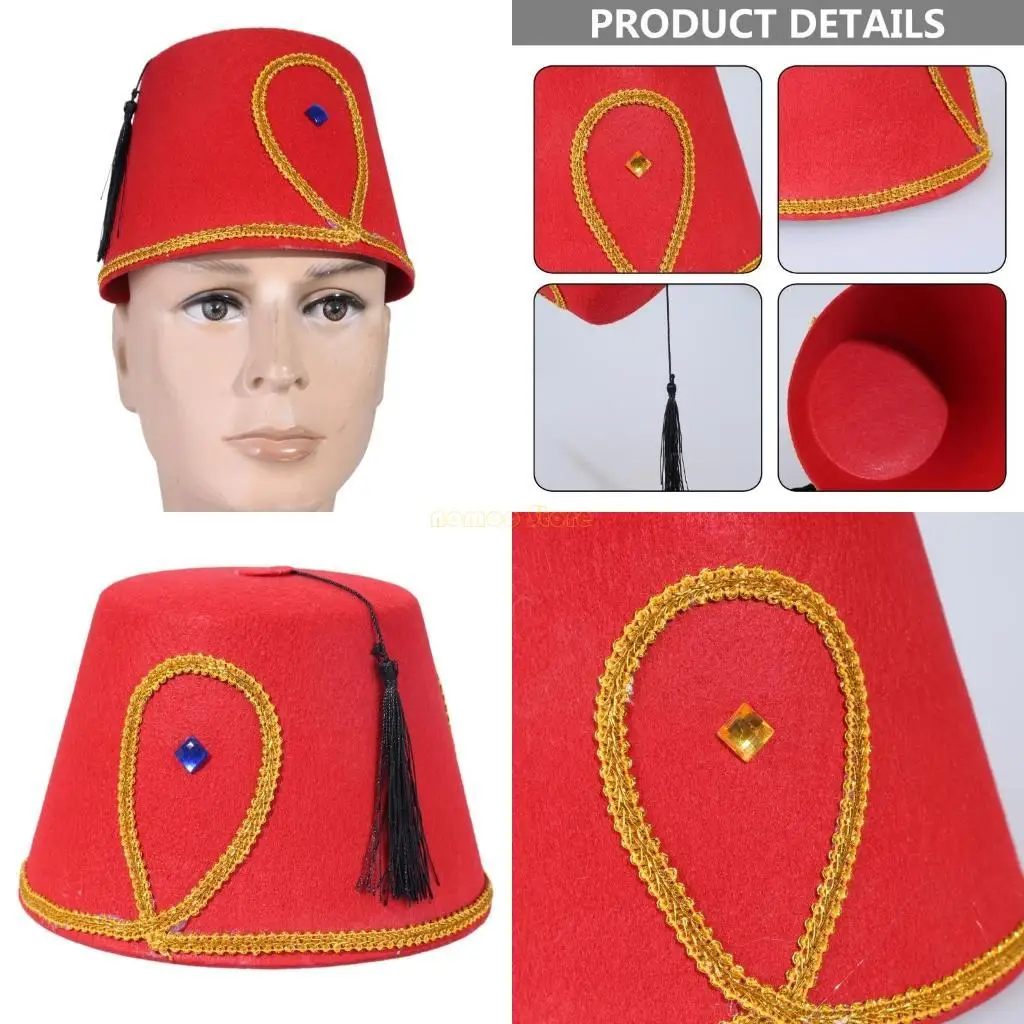 

31BF Exotic Turkish Hat Moroccan Themed Headwear with Gold Trim Black Tassels Fez Hat Egyptian Themed Hat Unique Headpiece