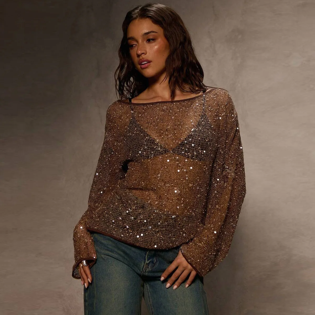 

Fall/Winter New Arrivals: Unique Trendy Off-Shoulder Sequin Lace-Up Top for Women