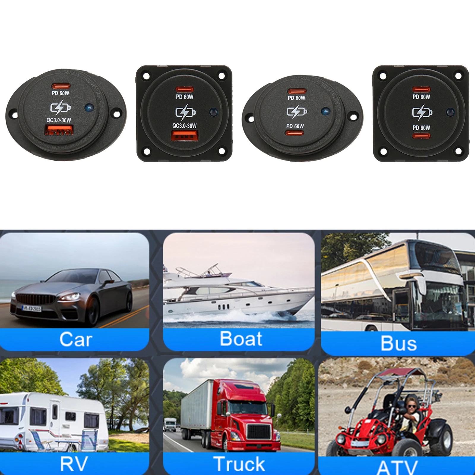 Dual USB Quick Charger QC 3.0 PD 60W Type C Socket Blue Led Rocker Switch DC 12V-24V Adapter for Car Motor Marine Boat Truck