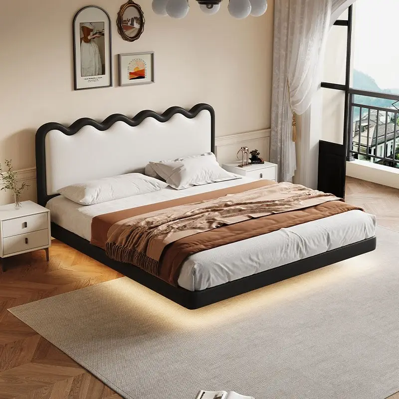 *Modern Minimalist Floating Bed with LED Ambient Lighting Wavy Scalloped Headboard Leather Upholstered King Bedroom Furniture