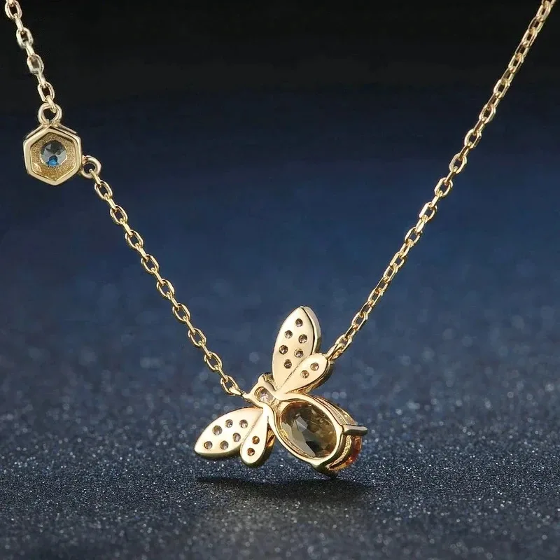 YISON Bee 925 Sterling Silver Women's Necklace Natural Citrine Gemstone Necklaces 14K Gold Plated Chain Pendant Jewelry Gift view 4