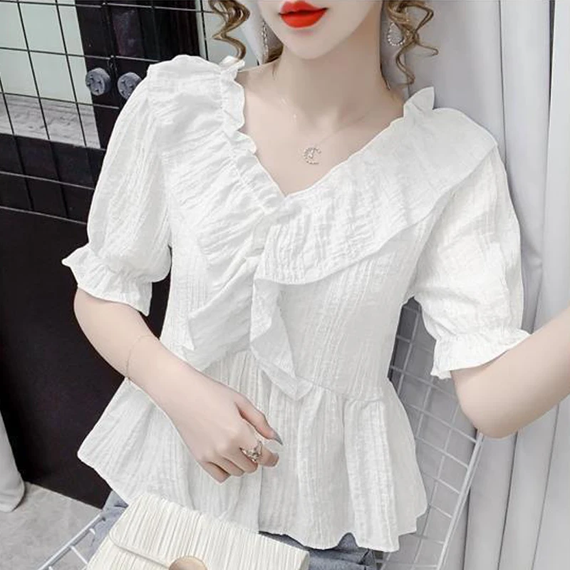 Women\'s Clothing 2024 New Summer Trendy Ruffles Kawaii Sweet Blouse Female V Neck Short Sleeve Slim Shirt Casual Solid Chic Tops