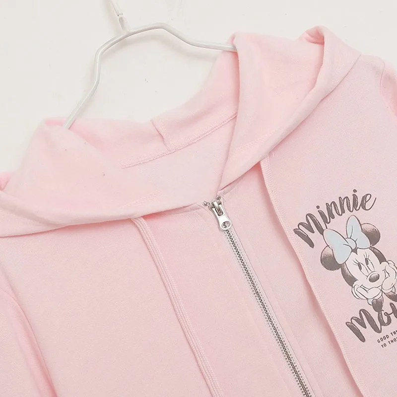 Disney Minnie Mouse Fleece Hooded Sweatshirt Women Casual Loose Zip Up Hoodies Jacket Cute Cartoon Jumper Tops Pants Femme Pink