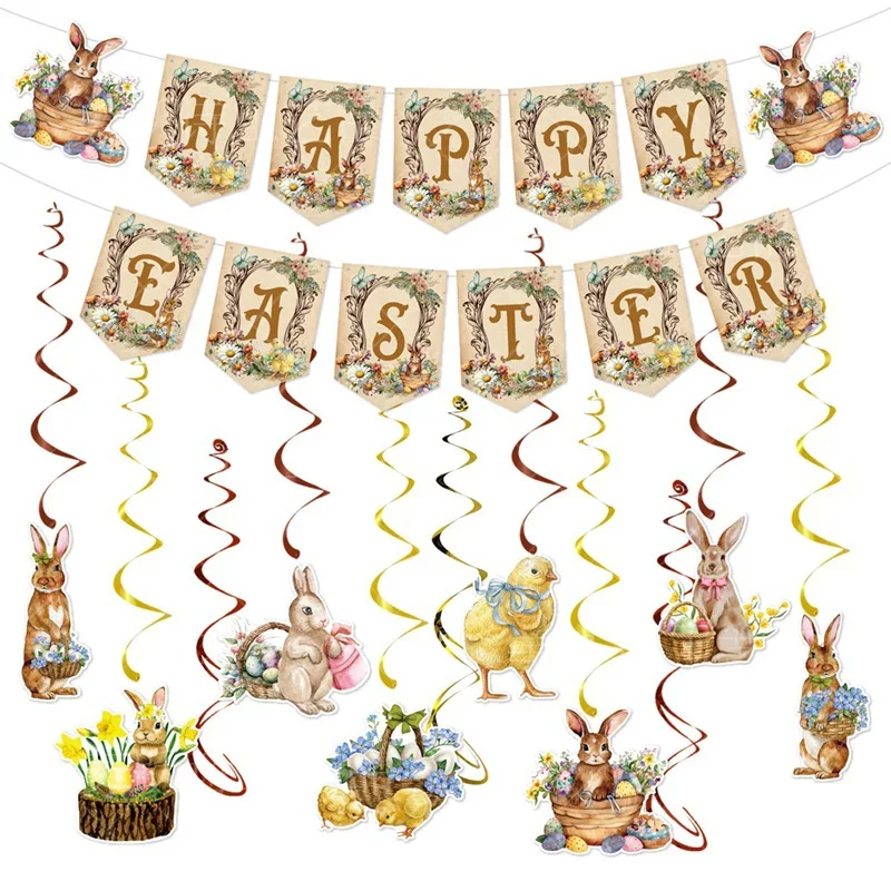 Happy Easter Banner Easter Party Decoration Pulling Rabbit Hanging Decoration Supplies