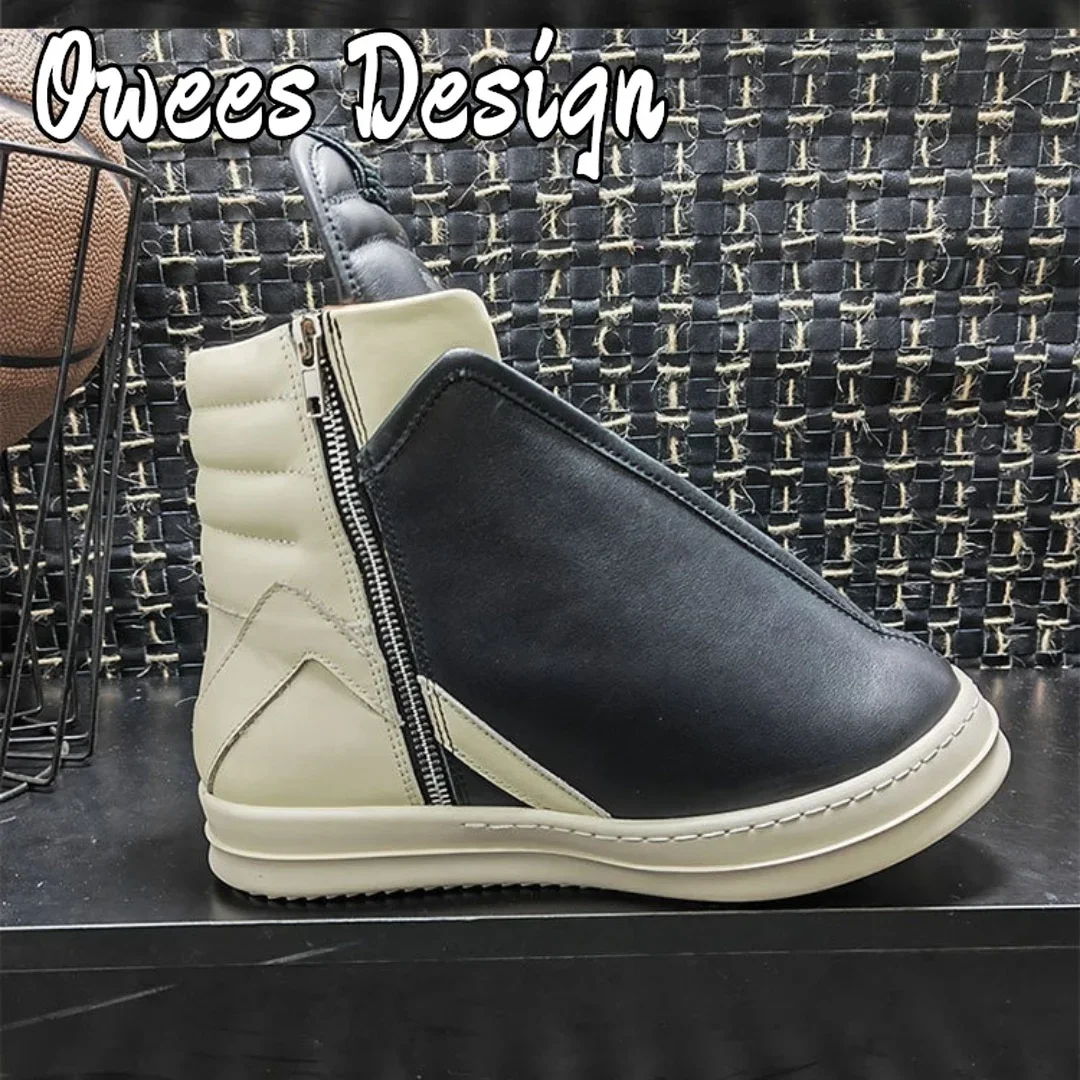 Owees Design Men Shoe Casual High Top Quality Sneaker Black Ankle Boot Geobasket Leather Fashion Thick-sole Flat Zip Boots