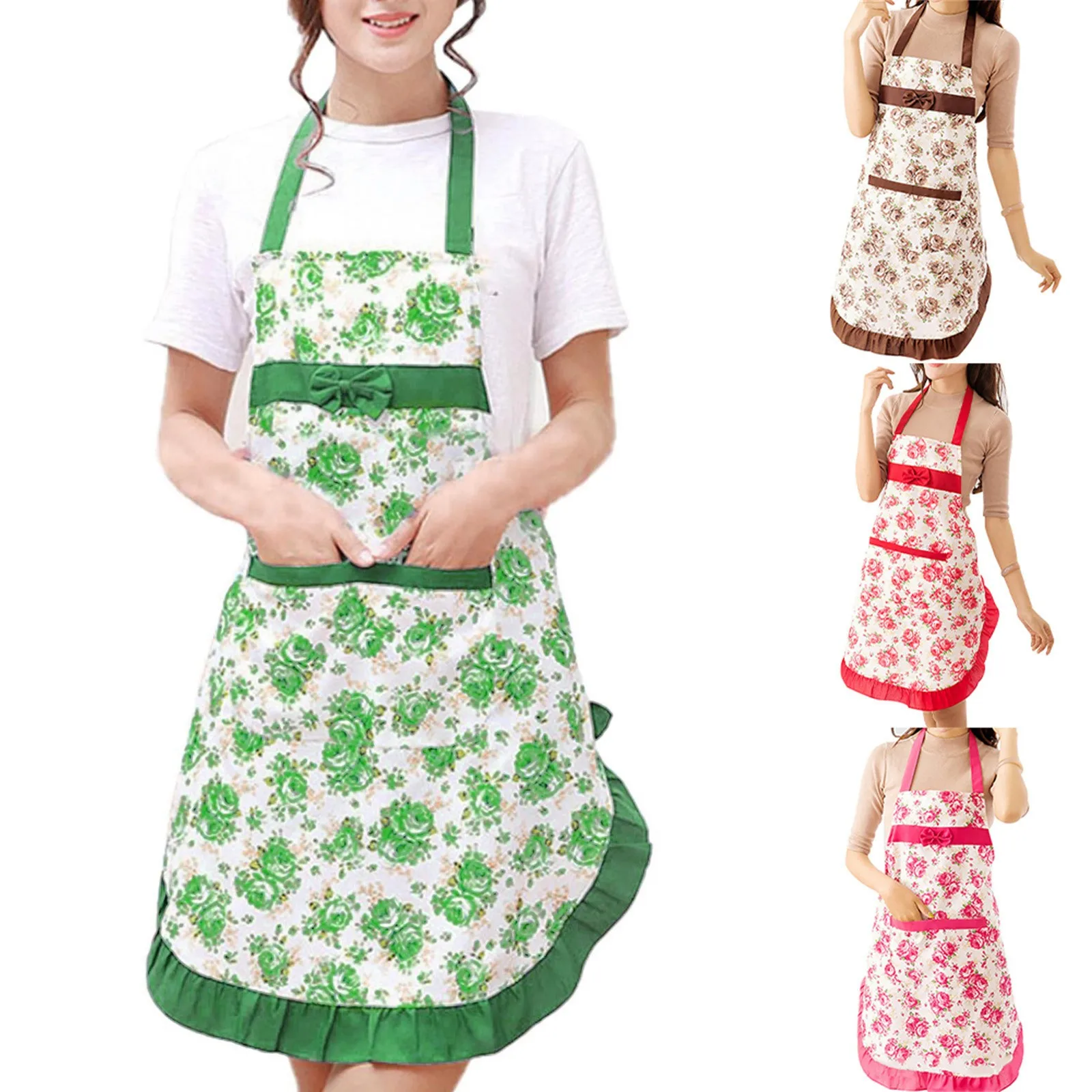 Woman‘s Floral Aprons With Pocket Household Waterproof Oil-Proof Bib Apron Cooking Baking Coffee Anti-fouling Kitchen Apron