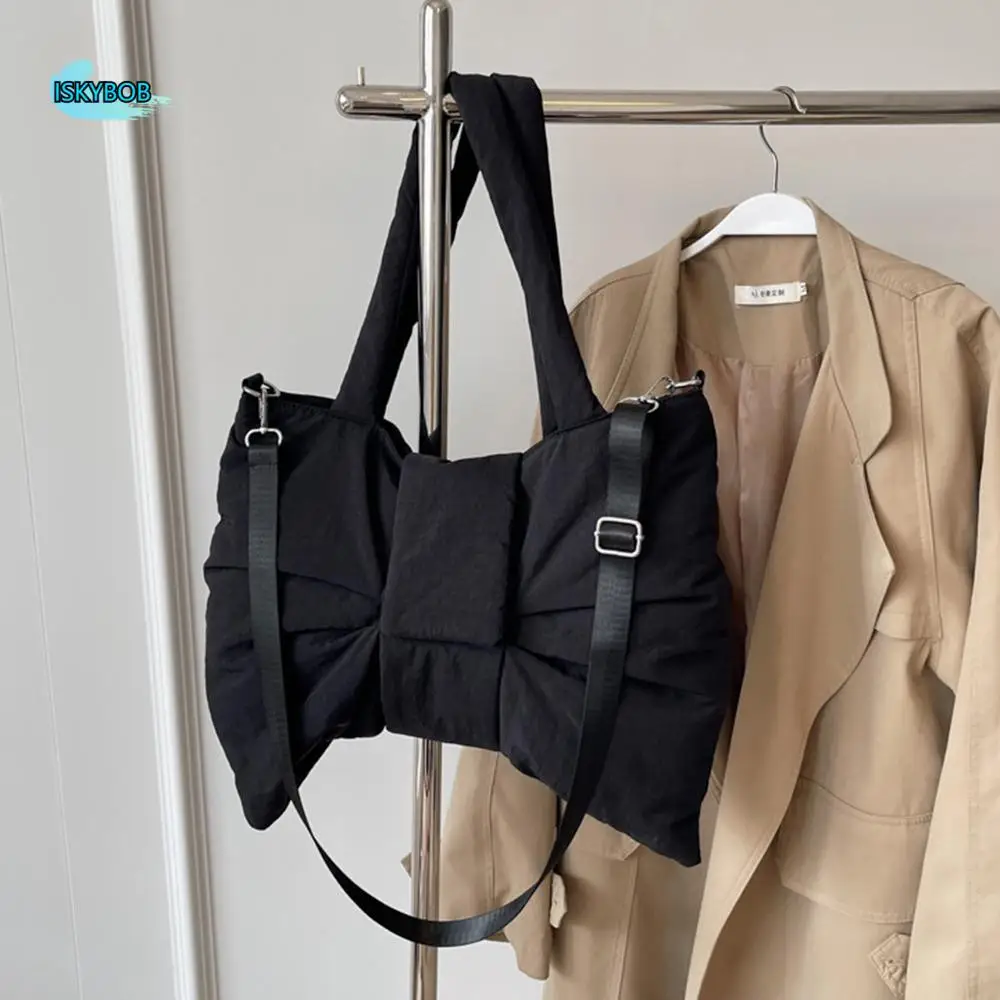 الكورية نمط Ruched Bowknot حقيبة كتف سعة كبيرة مبطن بالقطن النايلون مبطن حمل حقيبة لينة التنقل حقائب كروسبودي #1