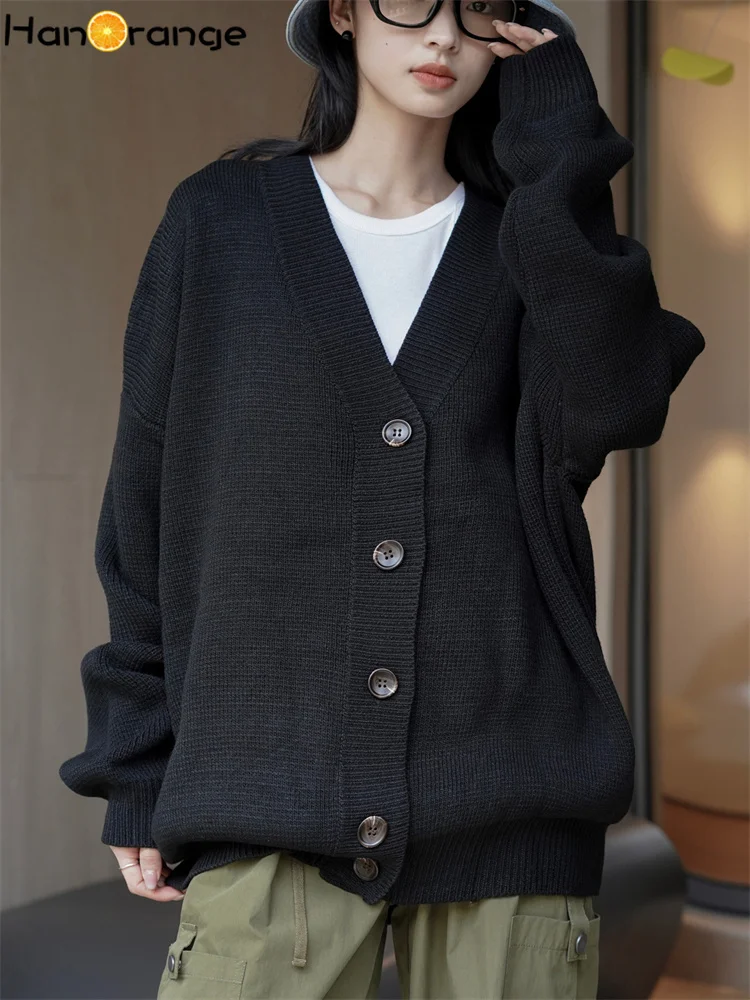 HanOrange 2024 Spring Lazy V-Neck Sweater Cardigan Women Loose Warm Casual Knitted Coat Female Light Apricot/Black