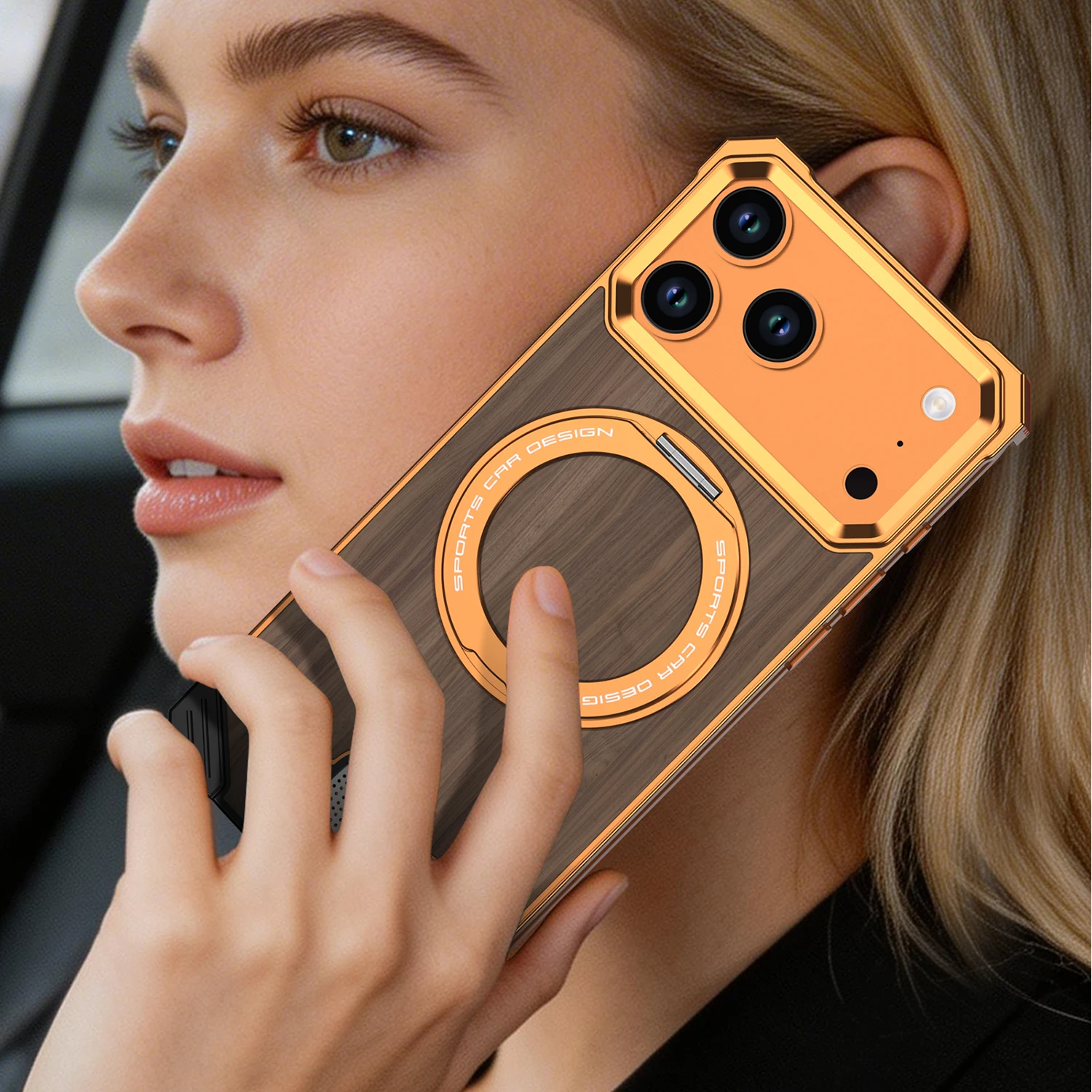 Eary Natural Wood Case for iPhone 18 Pro/18 Pro Max With 360°Rotation Ring Stand Shockproof Protective Cover Solid Wooden Design