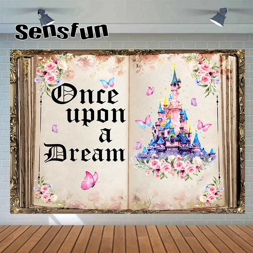 

Once Upon a Time Princess Castle Photography Background Fairy Tale Books Butterfly Girls Baby Shower Birthday Party Backdrops