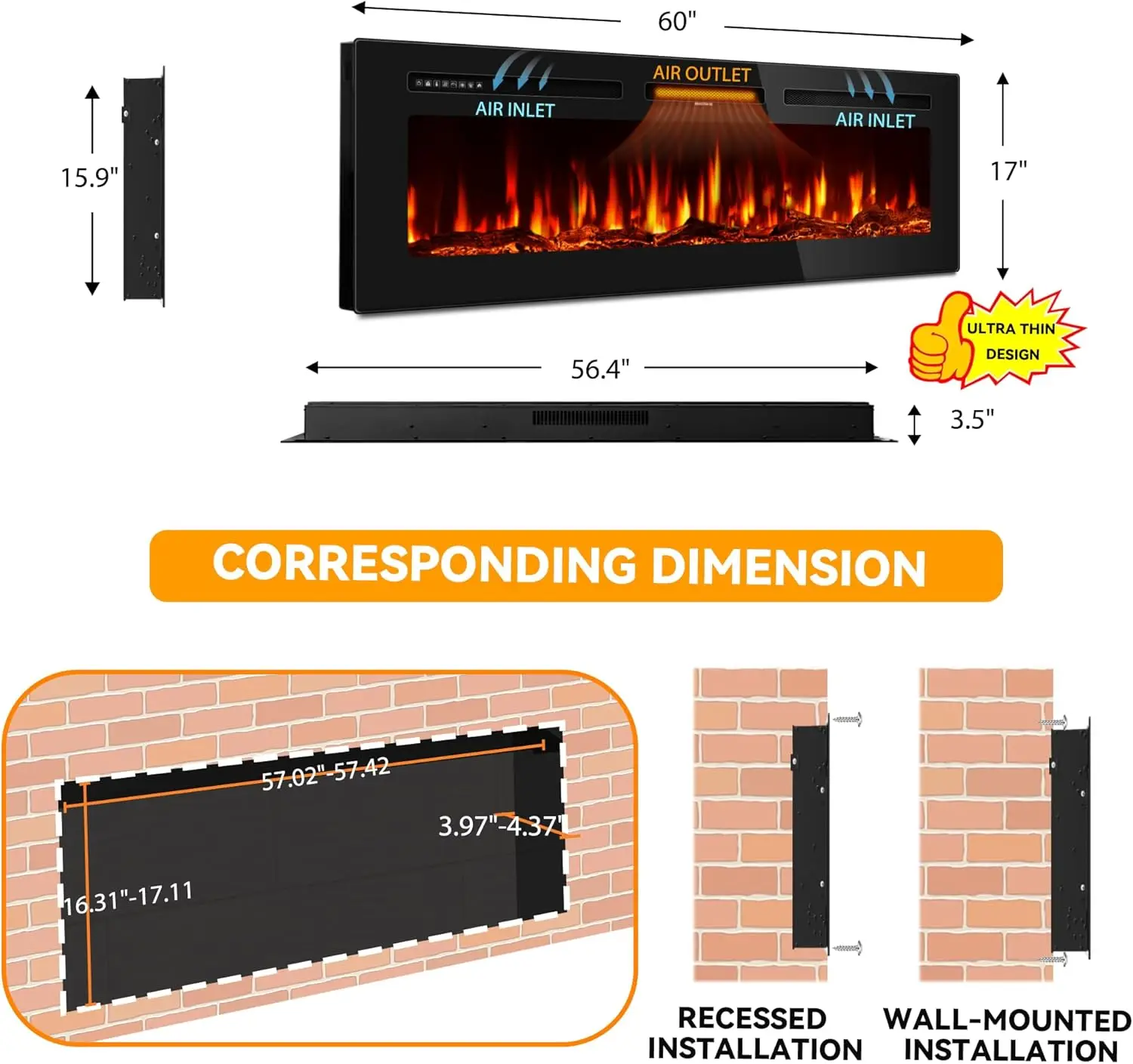 Ultra-Thin Fire Place Heater, Floating Wall Faux Fireplace Electric with Higher Temperatures & Lower Noise