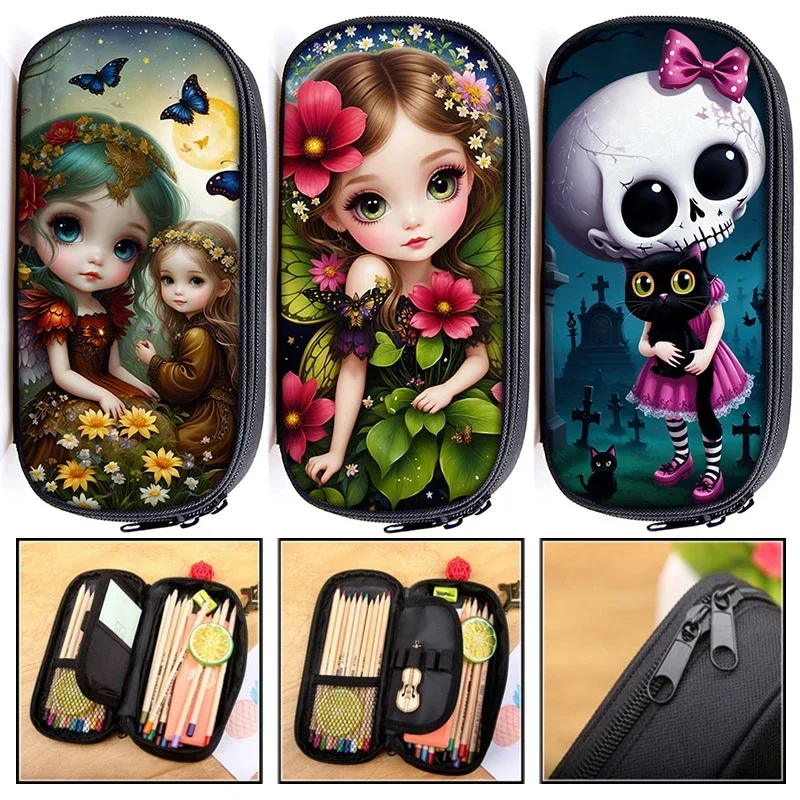 Fantasy Gothic Girls Print Cosmetic Case Cartoon Fairy Angel Skeleton Pencil Bags For Teenagers Stationary School Supplies Gift