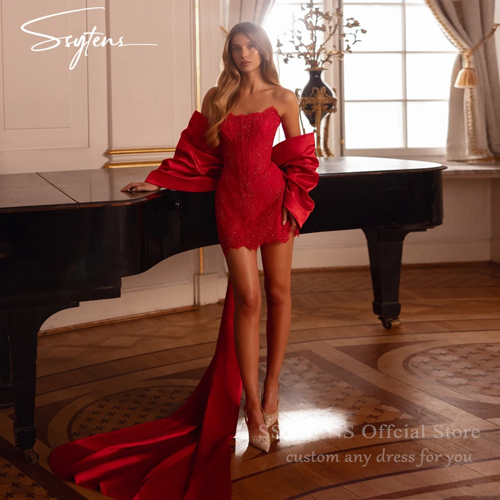 

SSYTENS Fashionable Graduation Dresses for Weddings Appliques Lace Sweetheart Sheath Mini Cape Prom Vestidos De Gala Customized