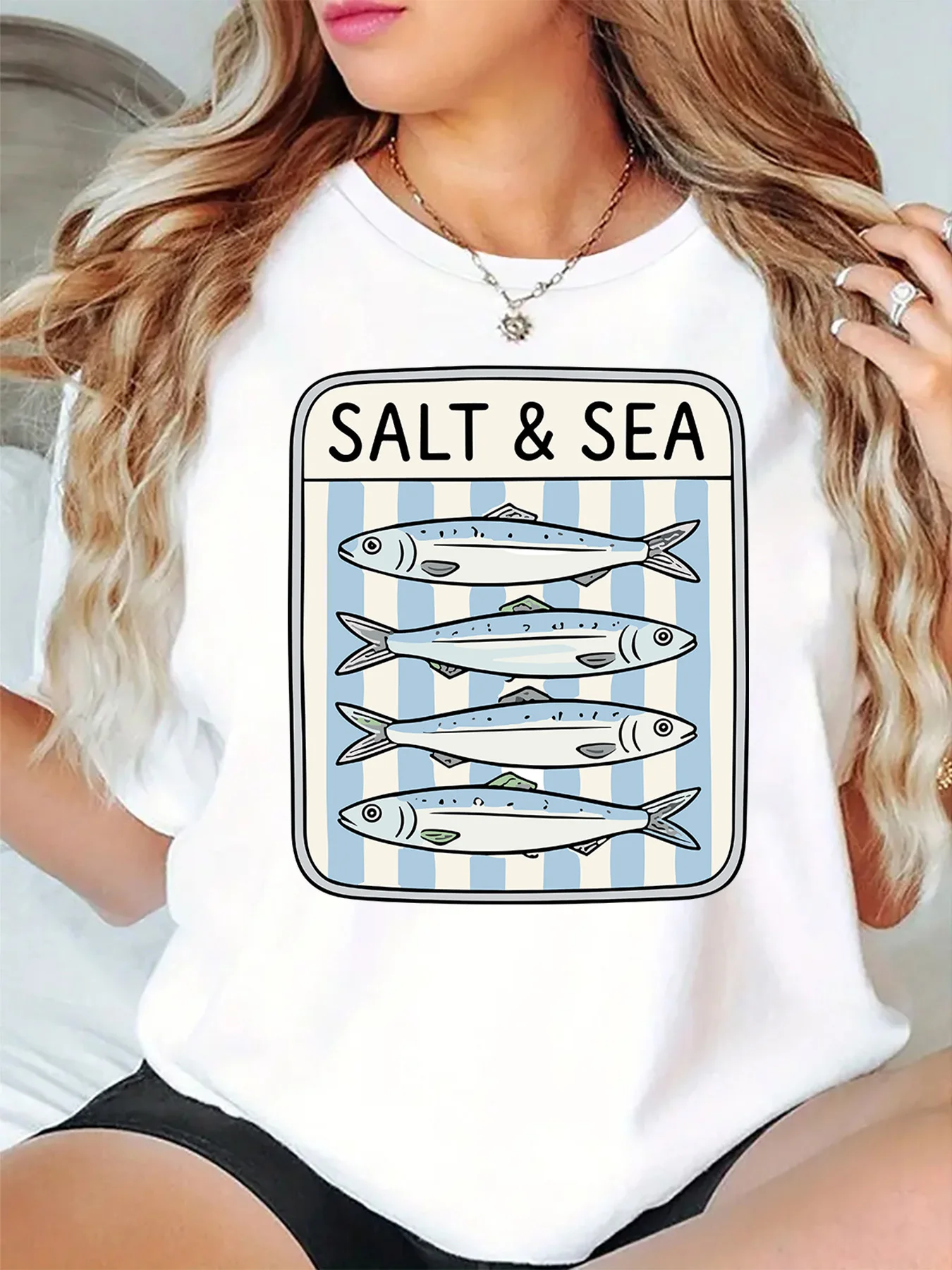 Salt And Sea Sardine Fish Blue White Striped Frame Ocean Graphic Womens T Shirt Short Sleeve Crew Neck Casual Ladies Tee Tops