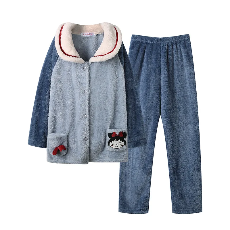 Big Size Thickened Warm Flannel Pajamas Woman Winter Student Cartoon Nightwear Long Sleeve Long Trousers Ladies Sleepwear 2PCS