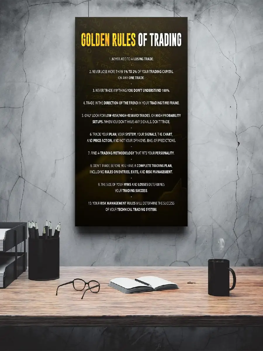 Golden Rules Of Trading Wall Art Canvas Print  Financial Quote Forex Stock Market Sign Day Trader Psychology Crypto Trading Mill