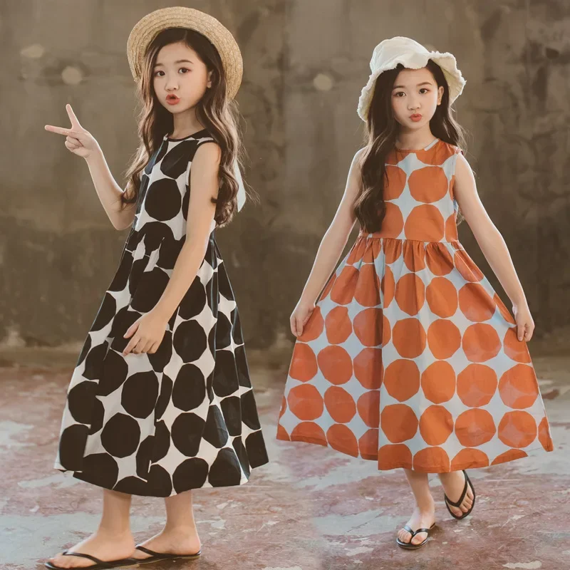 8 to 12 years Summer Elegant Sundress for Girl Sleeveless Dot Print Cotton Maxi Dress