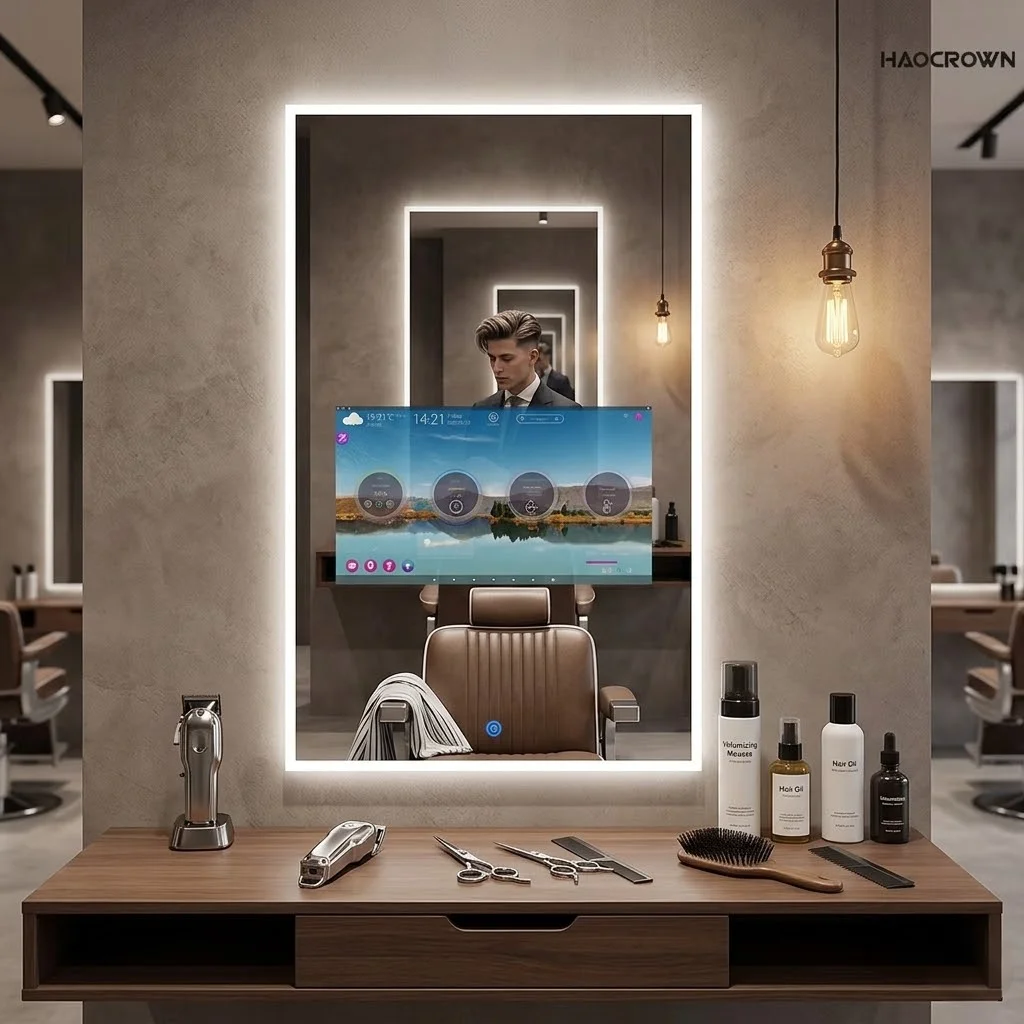 Smart LED Mirror TV Luxury Salon Mirror Station For Hairdressing With Android System For Barber Shop