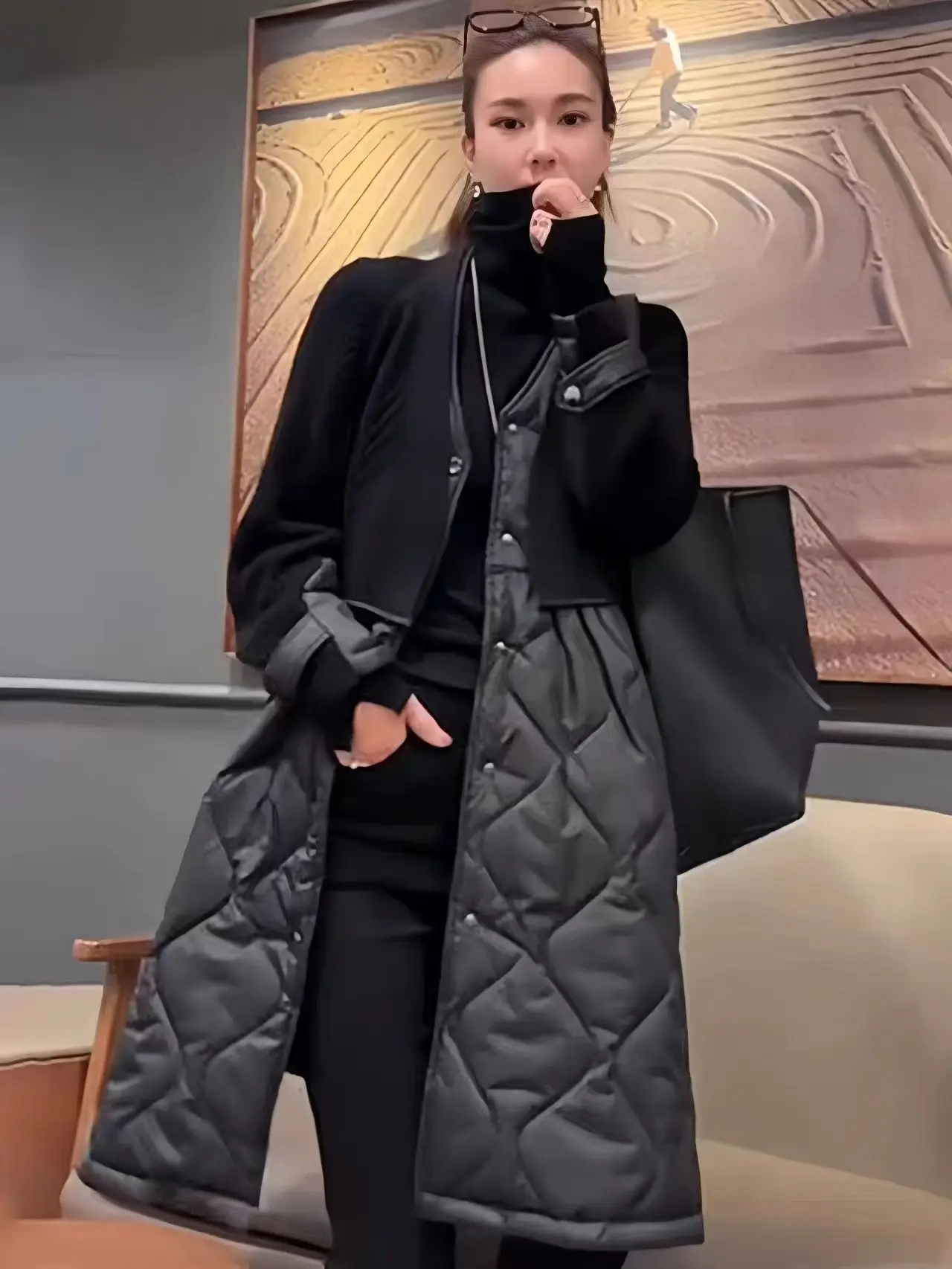 Chaqueta de plumón con cuello en V de dos piezas falsas de empalme, Chaqueta de algodón holgada, diseño de nicho, chaqueta de invierno para mujer,