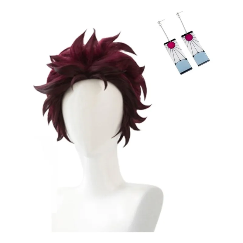 Dämonentöter Tanjiro Kamado, kurzes kastanienbraunes hitzebeständiges Haar, Cosplay-Perücke, synthetisch