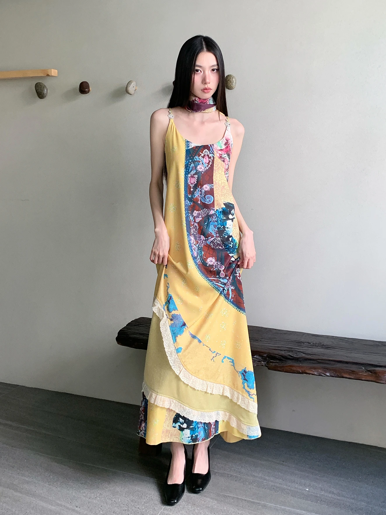 REDDACHiC Women Stitch Lace Camisole Long Dress Aesthetic Print A-line Snake-shaped Buckle Loose Sundress Vintage Boho Clothes