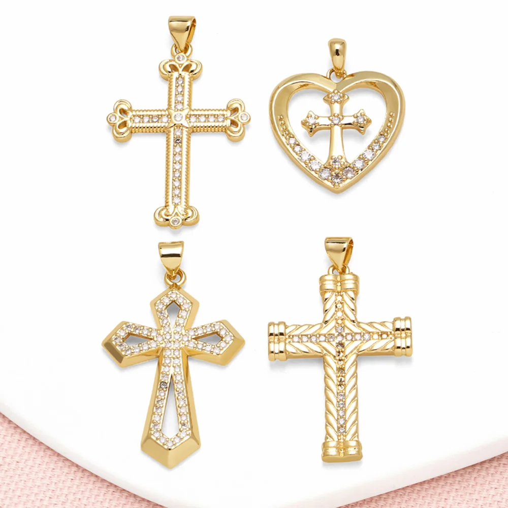 OCESRIO Fashion White Crystal Big Cross Pendant for Necklace Copper Gold Plated Crucifix Heart Jewelry Making Component pdtb429