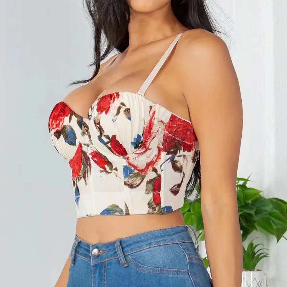 

New Fashion Print Vest Camis Wearing Women Sexy Sleeveless Fishbone Floral Print Short Bustier Corset Crop Tops Mujer K862