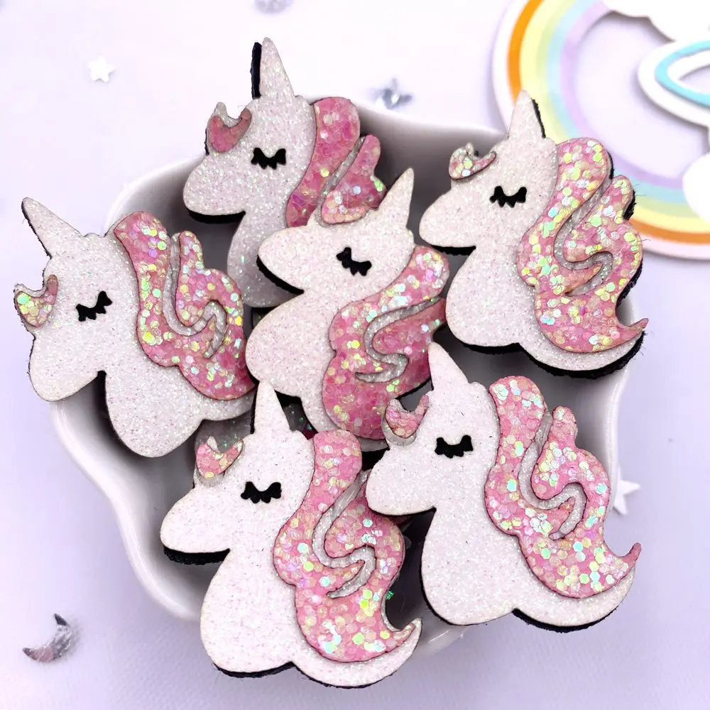 10pcs Felt Fabric Colorful Glitter Bepowder Cartoon Kawaii Unicorn Patch Applique Sewing DIY Hair Bow Accessories Craft Supplies