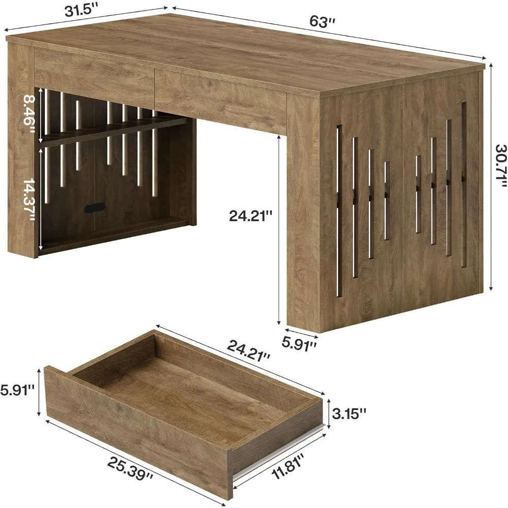 Tribesigns 63 Inch Executive Computer Desk with Drawers & Storage Shelves | Farmhouse Wooden Office Desk , Writing Study Table for Home & Office
