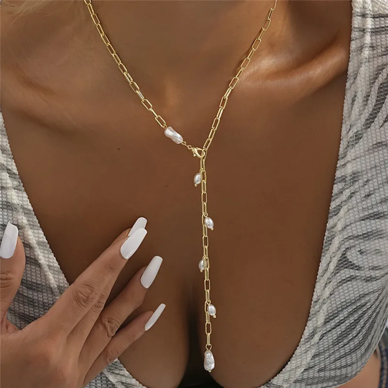 Long Chain Imitation Pearl Minimalist Necklace for Women Vintage Bohemian Personality Party Collar Chocker Collares Jewelry