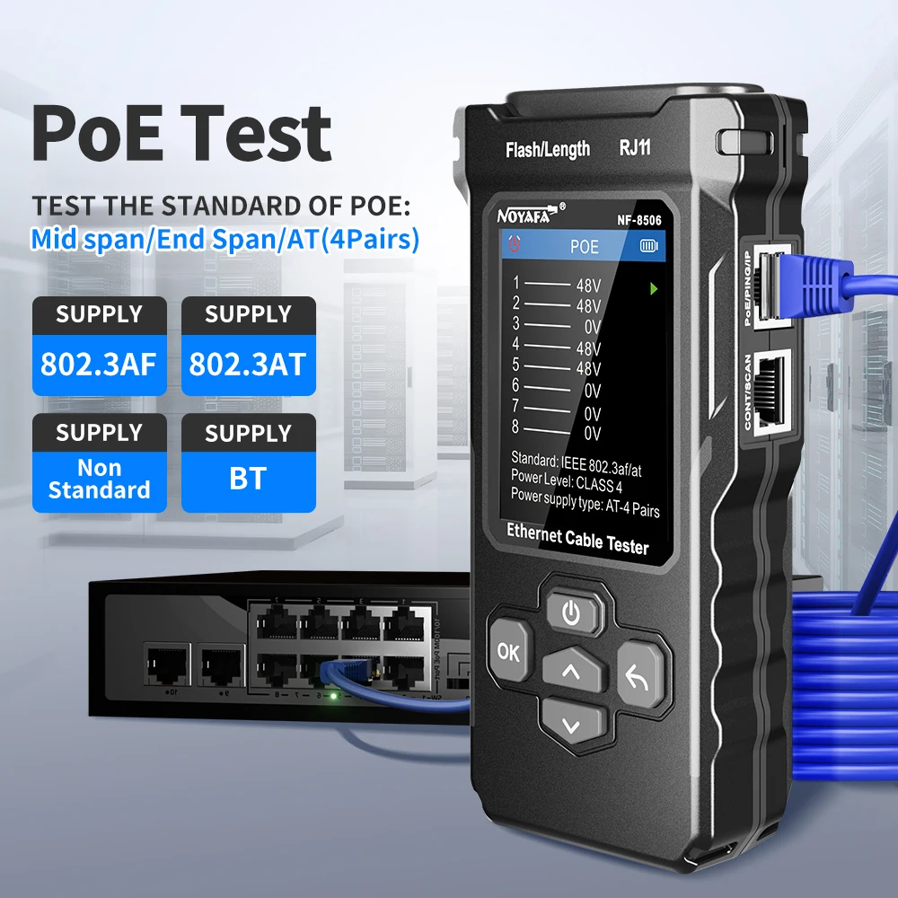 Noyafa Nf-8506 Network Cable Tester For Length Mesurement Continuty Prot Flash Lan Ping POE Test Led Light IP Scan Cable Tracker