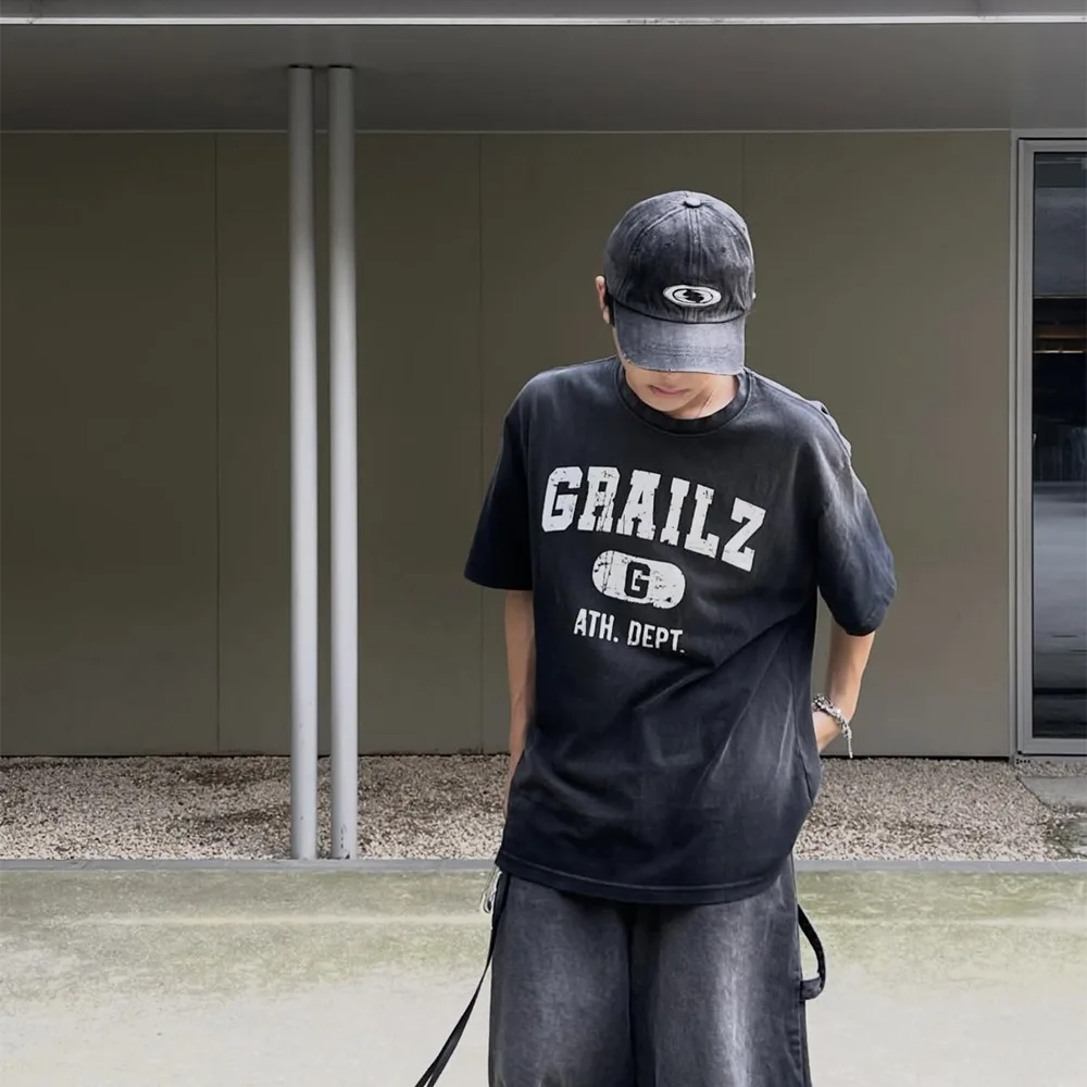 

GRAILZ Винтажный стиль с потертым слоганом и логотипом, унисекс, большая повседневная футболка для пар с короткими рукавами