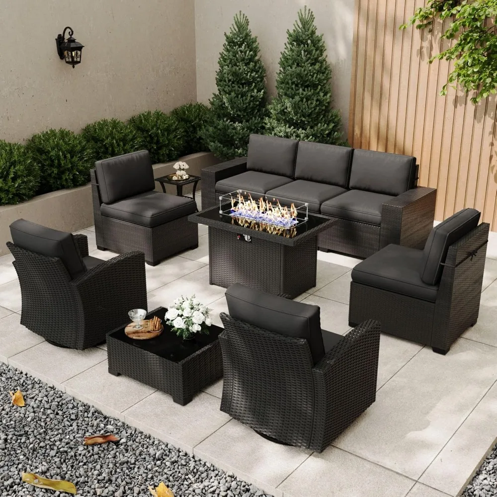 Patio Furniture Set, 10 Pieces Outdoor Wicker Conversation Sectional Chair Sofa Sets with 2 Swivel Chairs, Patio Furniture Set