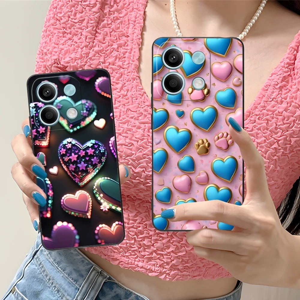 Y2K Glowing Love Hearts Mobile Phone Case for Xiaomi Redmi Note 13 12 11 10 9 8 7 6 S A Pro Lite Plus 5G Black Phone Cover Shell