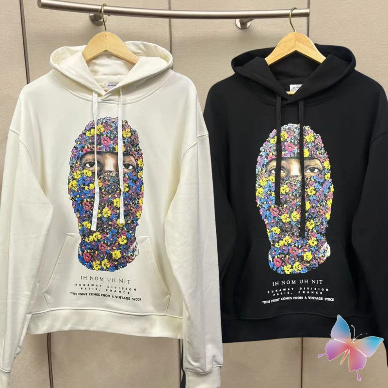 

Winter Couple IHNOMUHNIT Hoodie Cotton Colorful Floral Mask Print Hooded Sweater Casual Loose Drawstring Sweatshirts Men Women