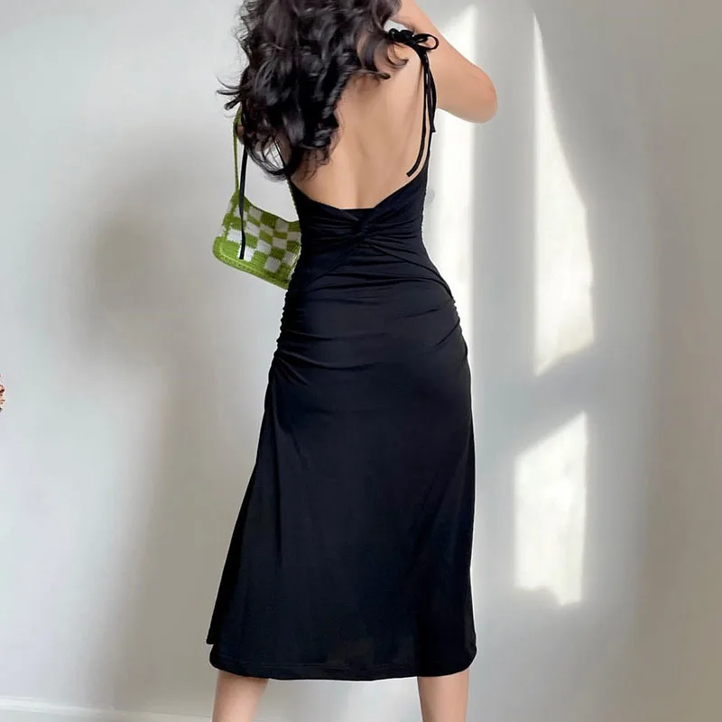 French Retro Women Elegant Strap Dress Sexy Backless Slim A Line Black Midi Dress Summer Sleeveless Club Female Vestidos