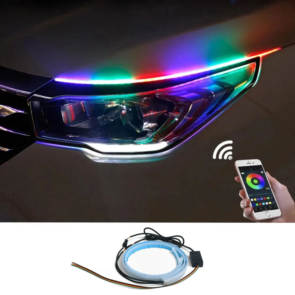 2pcs Car LED DRL Lamp Strip Flowing Daytime Running Lights RGB APP Control 12V Flexible Waterproof Headlight Turn Signal Light