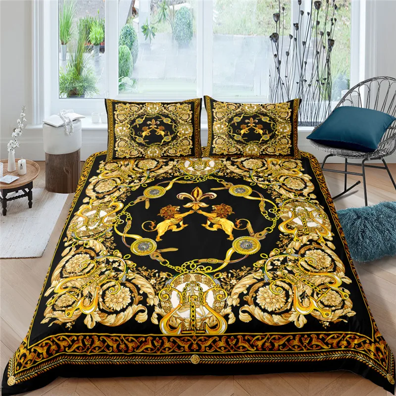 

3D Luxury Black Gold Bedding Sets 3 Pieces New Greek Duvet Cover Sets Bed Linens Queen King Size Modern Geometric Bedspread