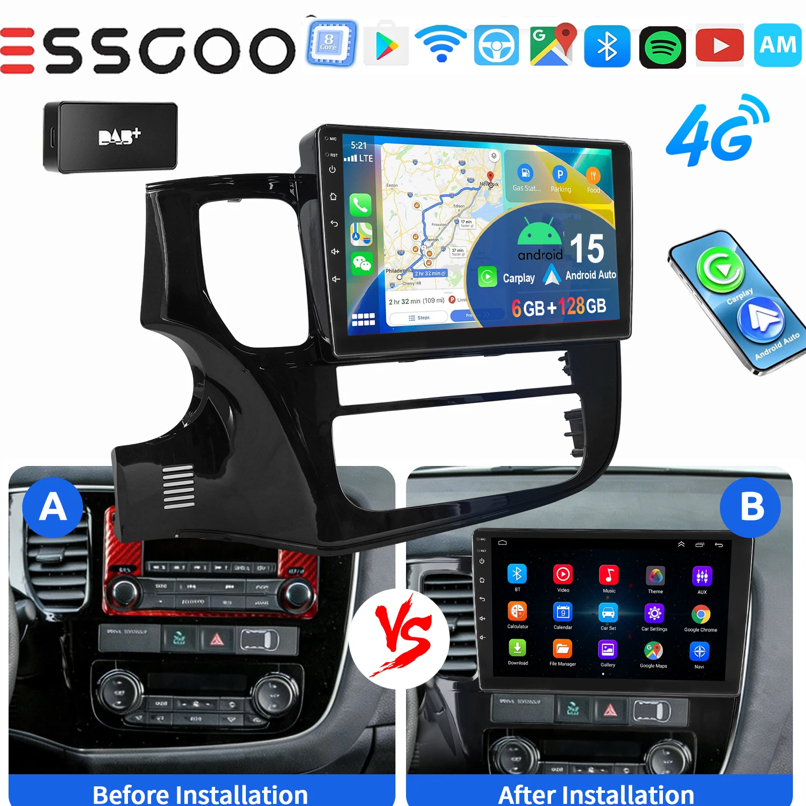 ESSGOO Draadloze Carplay Android auto 10 Inch IPS Aanraakscherm Voor Mitsubishi Outlander 2012-2018 Autoradio Android 15 GPS-navigatie WIFI Stuurwielbediening RDS Bluetooth FM Spiegellink ASP-geluid