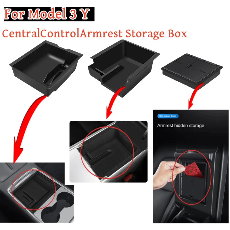 Tesla Model 3/Y Central Control Armrest Box Storage Box 3PC Hidden Storage Sorting Car Interior Supplies